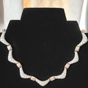 Vintage Gold & Silvertone Scalloped Necklace With Rhinestones, Clasp Closure